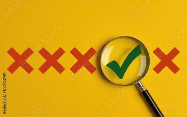 Fototapeta Magnifying glass revealing a green checkmark among red crosses on a yellow background
