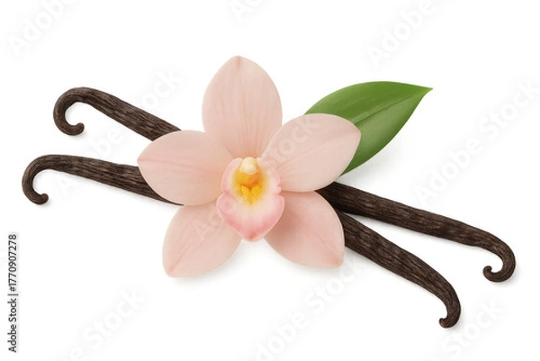 Obraz Vanilla orchid flower and beans displaying natural flavoring, aroma, cuisine, and sweet ingredient on transparent background