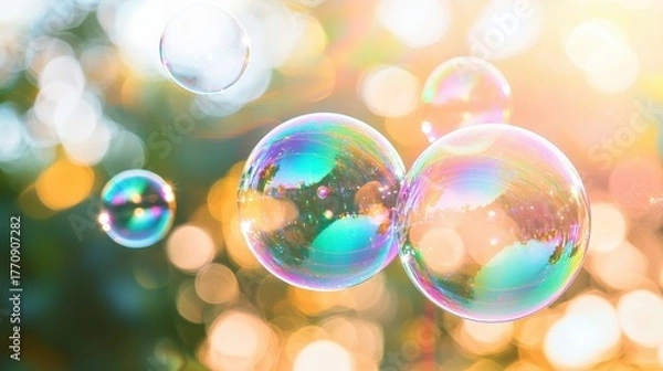 Fototapeta Diffraction color spectrum soap bubbles floating with rainbow iridescent light interference patterns creating prismatic effects against bokeh background