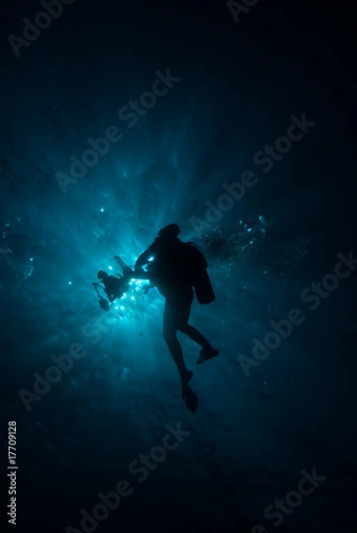 Obraz Silhouette of a diver with sunburst