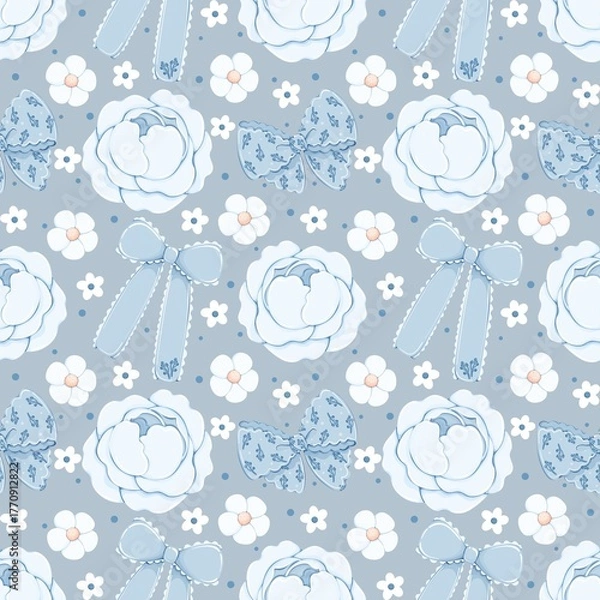 Obraz Cute Blue and White Floral Vintage Seamless Pattern. Shabby Chic Blue Floral and Ribbon Pattern.Blue Flowers pattern