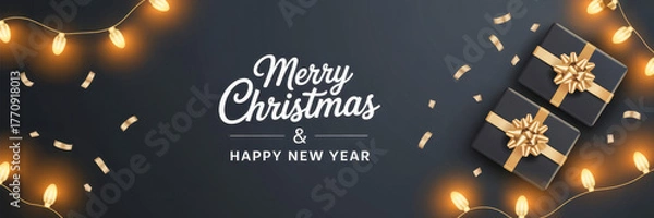 Obraz Elegant Merry Christmas and Happy New Year banner featuring gift boxes string lights and confetti on a dark background