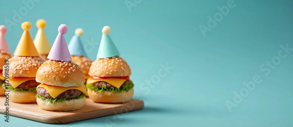 Obraz Mini cheeseburgers in party hats on a turquoise background with copy space