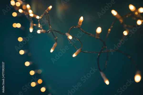 Obraz String of warm white fairy lights festive decoration for holiday season against a dark teal background