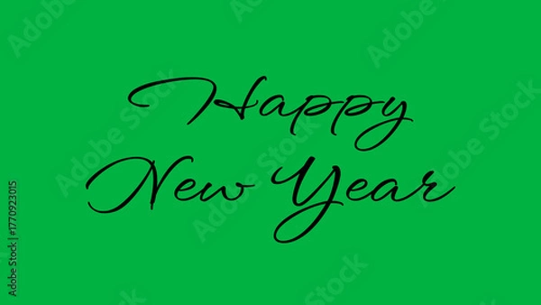 Obraz Happy New Year greeting image with black letters on a green screen, festive New Year greeting card elements. 
Happy New Year season concept with sparkling holiday cheer.
