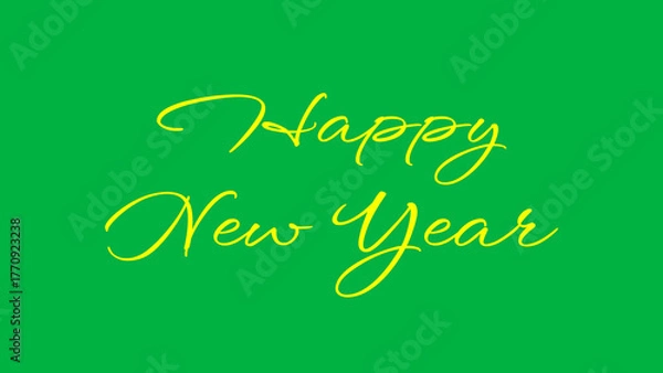 Obraz Happy New Year greeting image with Yellow letters on a green screen, festive New Year greeting card elements. 
Happy New Year season concept with sparkling holiday cheer.
