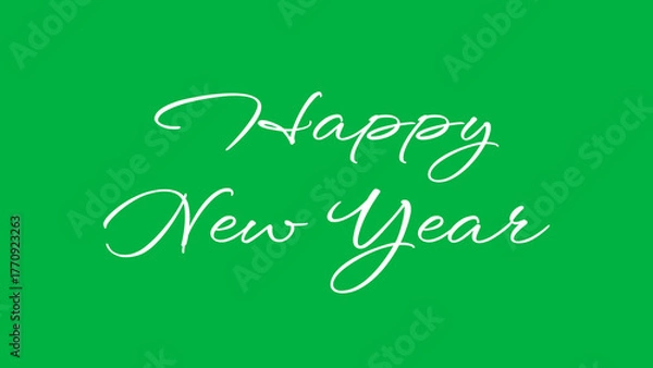 Obraz Happy New Year greeting image with White letters on a green screen, festive New Year greeting card elements. 
Happy New Year season concept with sparkling holiday cheer.