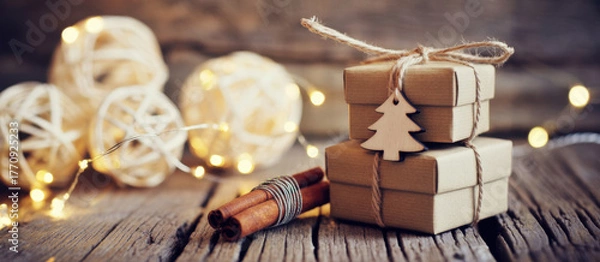 Fototapeta Rustic Christmas gifts with cinnamon sticks and string lights stacked on wooden surface holiday season concept