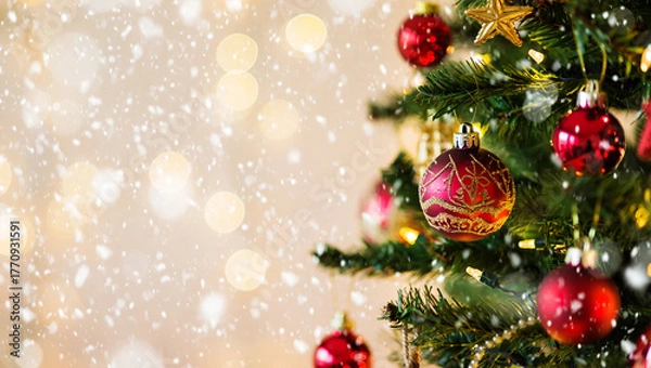 Fototapeta Festive red ornaments on evergreen branches with falling snow christmas tree