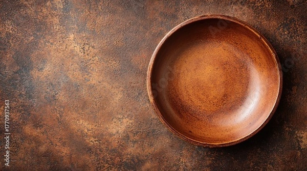 Fototapeta Glazed clay background rustic terracotta ceramic bowl warm copper bronze tones handcrafted pottery surface natural texture overhead view artisan backdrop design