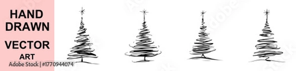 Fototapeta Minimalist hand drawn Christmas tree vector illustration, modern abstract holiday pine tree with star, elegant black and white doodle art for seasonal greeting cards and winter decoration