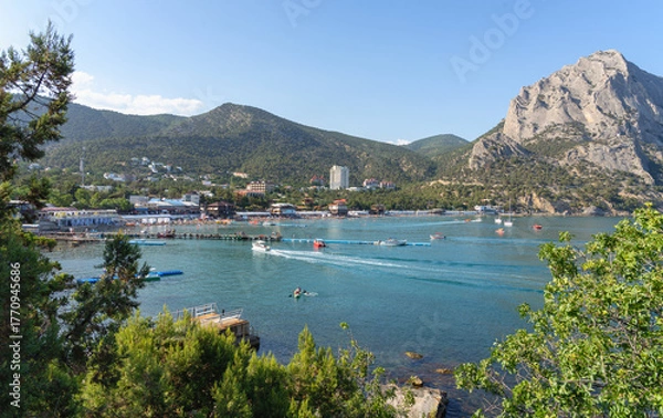 Fototapeta Panorama of Novy Svet bay with Mount Sokol, Crimea, summer morning by the sea