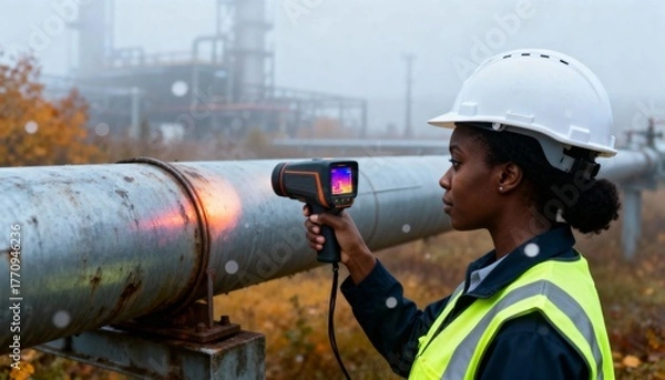 Obraz Female engineer inspecting an industrial pipeline with thermal imaging camera. Professional worker using thermography for maintenance at a foggy refinery. Non-destructive testing and safety technology