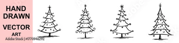 Fototapeta Cute hand drawn Christmas tree vector illustration set with minimalist line art design, festive pine trees sketch collection, simple doodle holiday decoration for greeting cards.