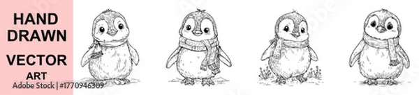 Fototapeta Adorable hand drawn penguin vector art illustration wearing winter scarf, cute baby bird character, festive Christmas and New Year holiday design for greeting cards and decor.