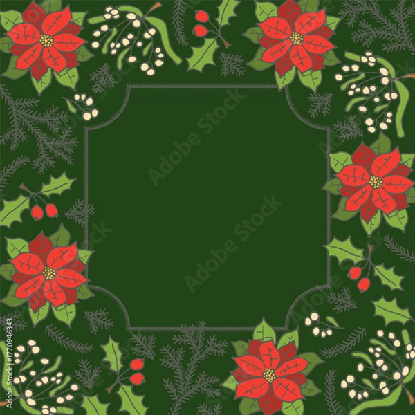 Fototapeta Christmas wreath or frame made of fir branches with poinsettia.