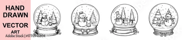 Fototapeta Hand drawn snow globe vector illustration with snowman, bunny, pine trees, and snowflakes, perfect for Christmas, winter holidays, festive decorations, greeting cards, and seasonal artwork.