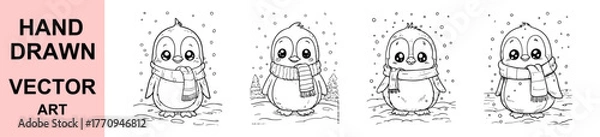 Fototapeta Adorable hand drawn penguin vector illustration wearing scarf in snowy winter scene, perfect for Christmas cards, children’s art, cute holiday decor, and festive designs.