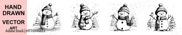 Fototapeta Hand drawn snowman vector illustration with hat, scarf, trees, and snowfall, perfect for Christmas greeting cards, winter holiday decor, festive print, and seasonal artwork.
