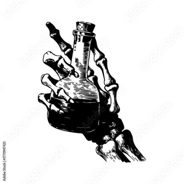 Fototapeta Skeleton hand holding potion bottle vector illustration, gothic vintage engraving art, spooky alchemy design, occult apothecary bottle drawing perfect for tattoo, Halloween, witchcraft, and dark decor