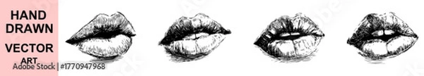 Fototapeta Vintage hand drawn lips vector illustration with bold sketch lines, expressive female mouth art, elegant monochrome design for fashion, makeup, and creative artwork use.