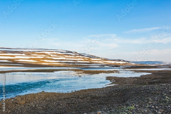 Fototapeta Bank of River Bunisyak. Polar day on Putorana Plateau, Taimyr. Russia