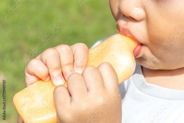 Obraz アイスを食べている男の子の口元（日本人、2歳、屋外）