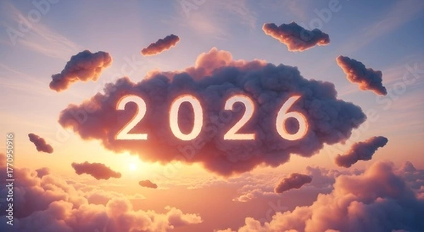 Fototapeta The year 2026 is glowing in the center of a cloud formation with a sunset, symbolizing a bright future
