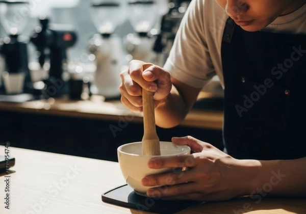 Fototapeta Closeup of barista using bamboo whisk to prepare matcha tea in a bowl at coffee shop in daytime