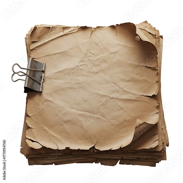 Fototapeta Antique paper stack secured with a binder clip, offering a rustic and vintage texture for creative projects