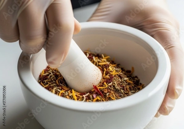 Fototapeta Close up of hands grinding spices in mortar and pestle, preparing herbal medicine or seasoning isolated on white background