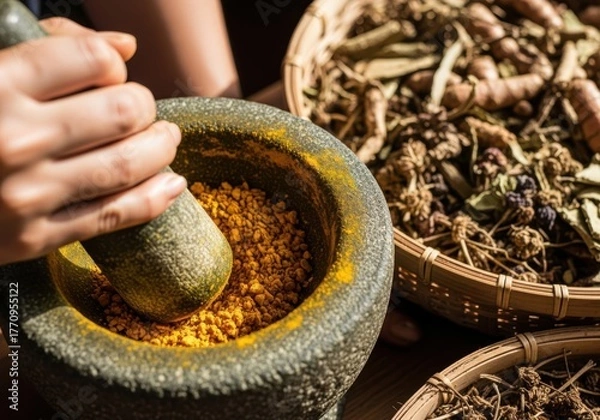 Fototapeta Closeup of a hand grinding turmeric in a mortar and pestle with other herbs and spices, concept of alternative medicine and natural remedies