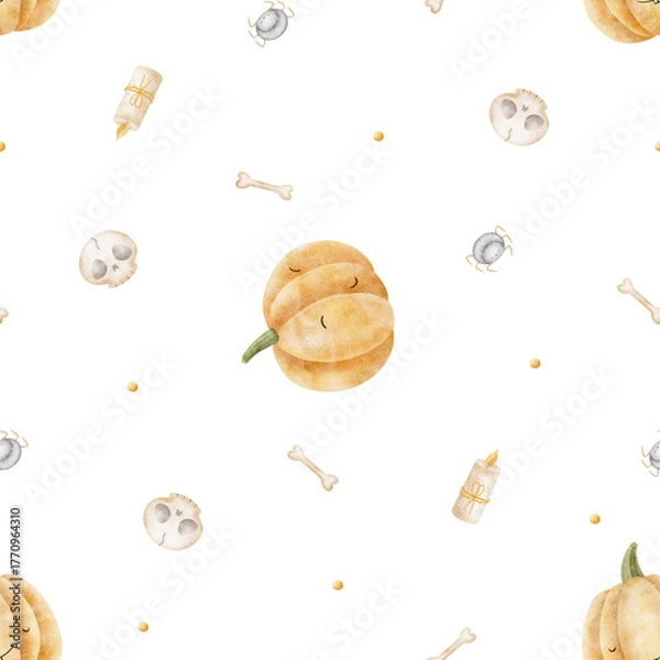 Fototapeta Pattern of chaotic flying pumpkins, spiders, skulls, bones, candles. Hand-drawn watercolor illustration in childish Halloween style. Seamless print isolated background for textiles, fabrics, clothing