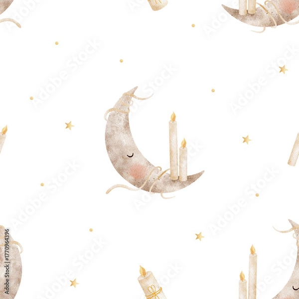 Fototapeta Moon crescent with candles pattern. Watercolor illustration hand-drawn in a childish Halloween style. Seamless print isolated from background for textiles, fabrics, clothing, wallpaper, packaging.