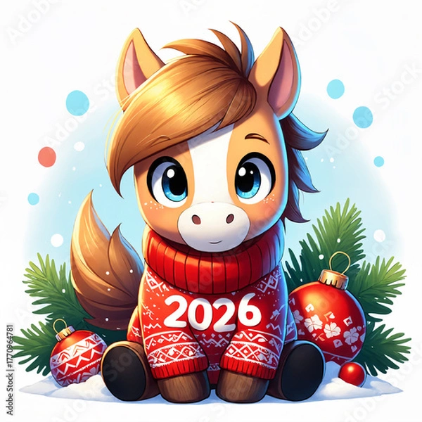 Fototapeta cute cartoon pony with big blue eyes wearing a red Christmas sweater that says 2026. Around it are pine branches and red ornaments, creating a cheerful festive mood