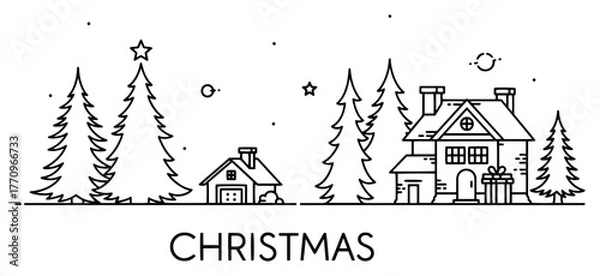 Fototapeta Minimal Christmas Village Line Art – Cozy Houses, Pine Trees and Snowy Night