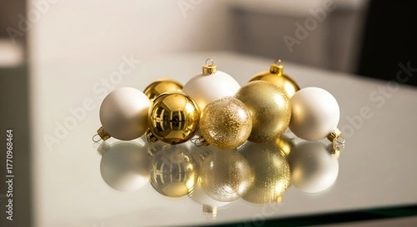Fototapeta Elegant gold and white Christmas baubles arranged in a festive composition on a reflective glass surface, ready for holiday decorating
