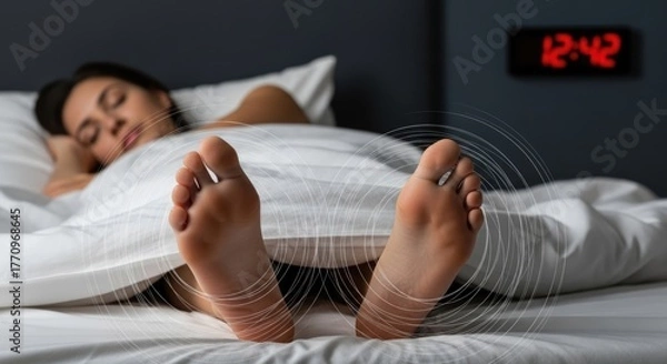 Fototapeta Rls condition: limb restlessness, nocturnal impulse, nerve disturbance, muscular twitch, sensory unease, circulation issue, chronic tension, vascular irritation, motor urge, body discomfort, trouble