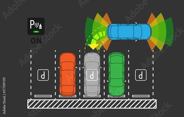Fototapeta Parking assist system vector illustration. Autonomous car technology with sensors line art concept. Smart car assistance autopilot graphic design. Top view of intelligent sensors scanning free space.