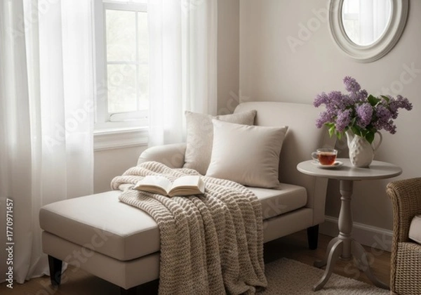 Fototapeta Cozy and inviting reading nook with a chaise lounge, soft blanket, open book, and a vase of lilacs, creating a peaceful and relaxing atmosphere