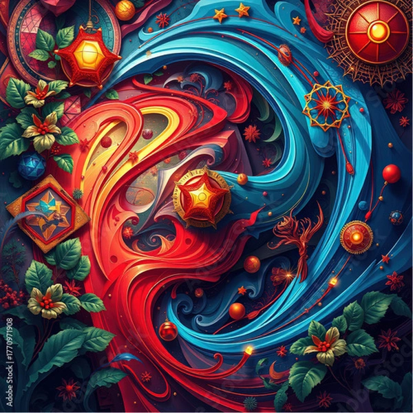 Fototapeta Modern abstract designs incorporating colors?red, green, blue, gold?with geometric shapes, plant and festive patterns.eps