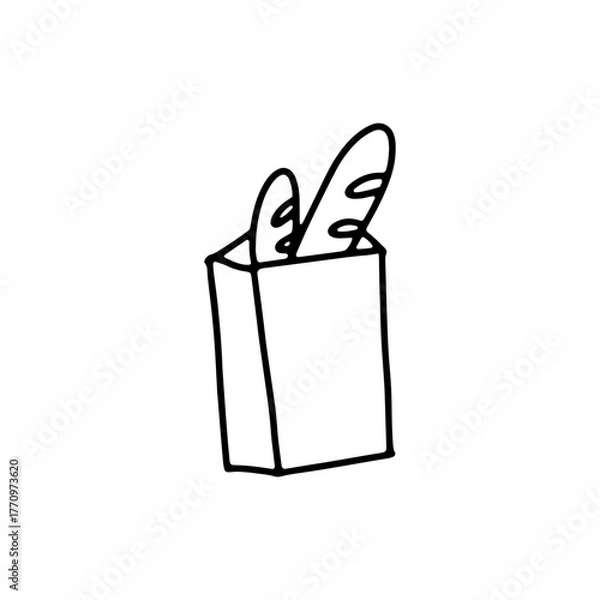 Obraz Hand Drawn Outline Vector Illustration of Two French Baguettes in a Paper Shopping Bag