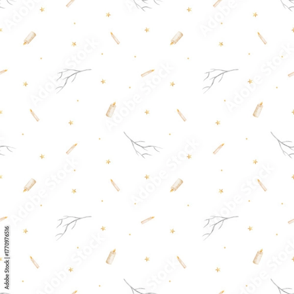 Fototapeta Halloween pattern burning candles, branches stars dots. Hand-drawn watercolor illustrations in childish style. Seamless print isolated from background for textiles fabrics clothing wallpaper packaging
