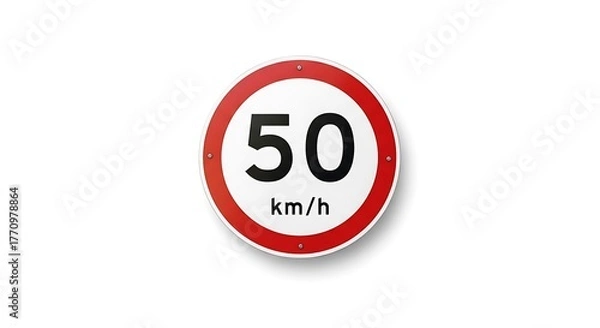 Fototapeta White background circular road sign indicating a maximum speed limit of fifty kilometers per hour, essential for road safety and traffic regulation