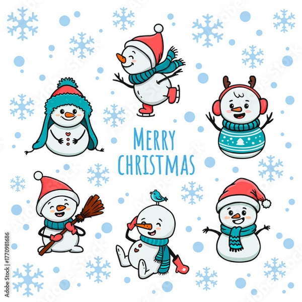 Obraz Set of cute cartoon snowmans for content , banner, stickers and greeting card, christmas and new year. The collection of funny snowmen in doodle style. 