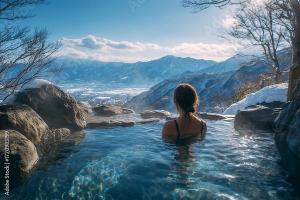 Fototapeta A Japanese woman relaxes in an outdoor hot spring surrounded by snowy mountains, representing peace, balance, and harmony. 