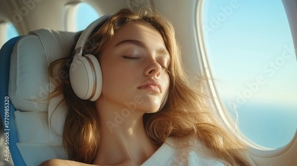 Fototapeta Relaxed woman in airplane seat wearing headphones, listening to music and resting during long flight. 