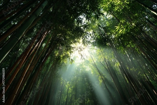 Fototapeta Beautiful bamboo forest illuminated by morning sunlight, creating a peaceful and natural tropical atmosphere. 
