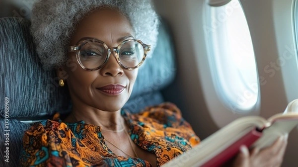 Fototapeta An elderly woman sits by the airplane window reading a book, enjoying peace and comfort during her journey. 