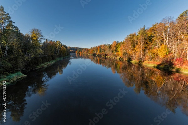 Fototapeta Landscape view of Gauja river valley in Sigulda, Latvia on sunny autumn day .